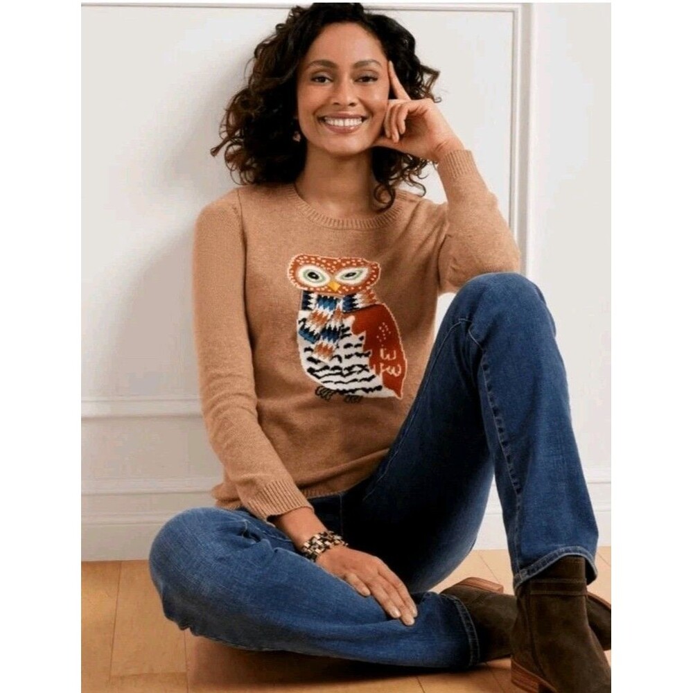 Talbots Cotton Blend Brown Owl 3D-Knit Crew Neck Pullover Sweater Size 3XL
